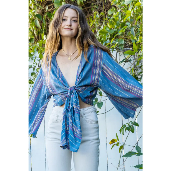 En Creme: Tie Front Striped Top (Small) - Picture 1 of 5